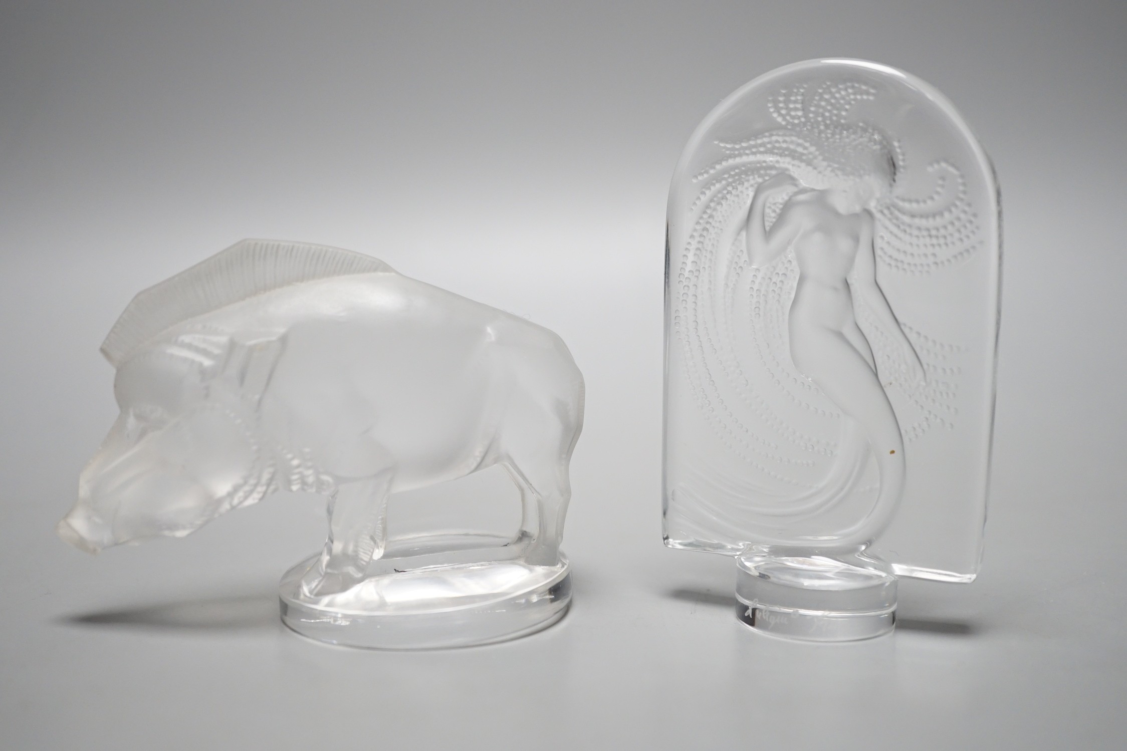 Two Lalique crystal paperweights; Sirene and Sanglier, tallest 10cm